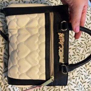 Betsey Johnson Black and Cream Heart Quilted Satchel